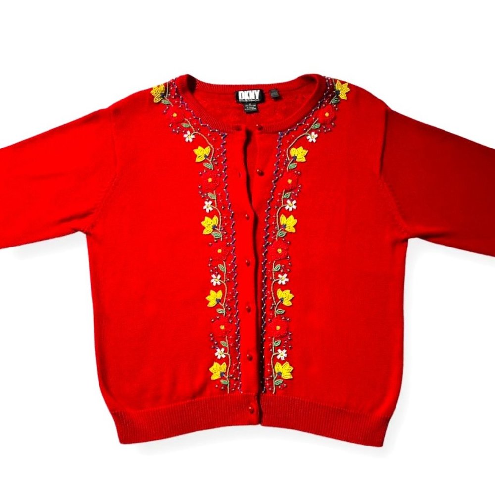 DKNY Vintage Cotton Floral Embellished Cardigan Sweater in Red, Size M